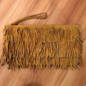 Sorpresa Mustard Suede Fringe Clutch